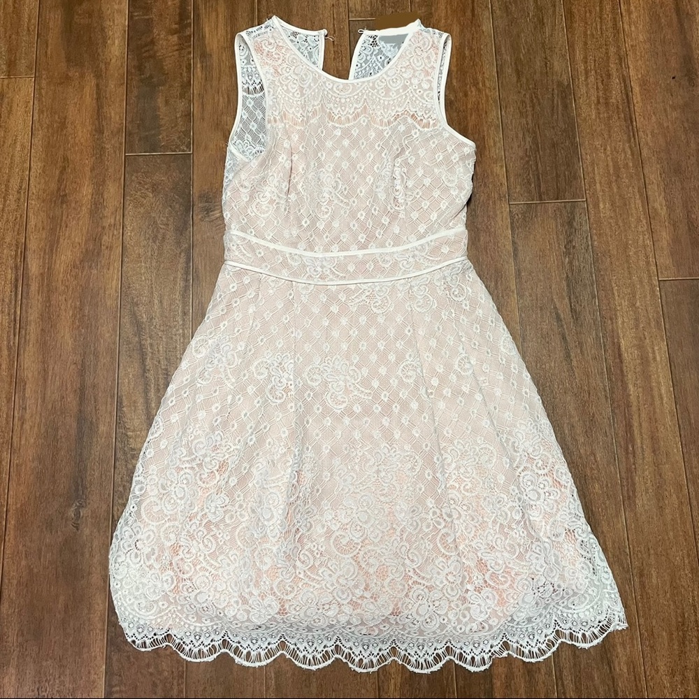 Vince Camuto | Ivory and Peach Lace Fit and Flare Mini Dress with Pockets